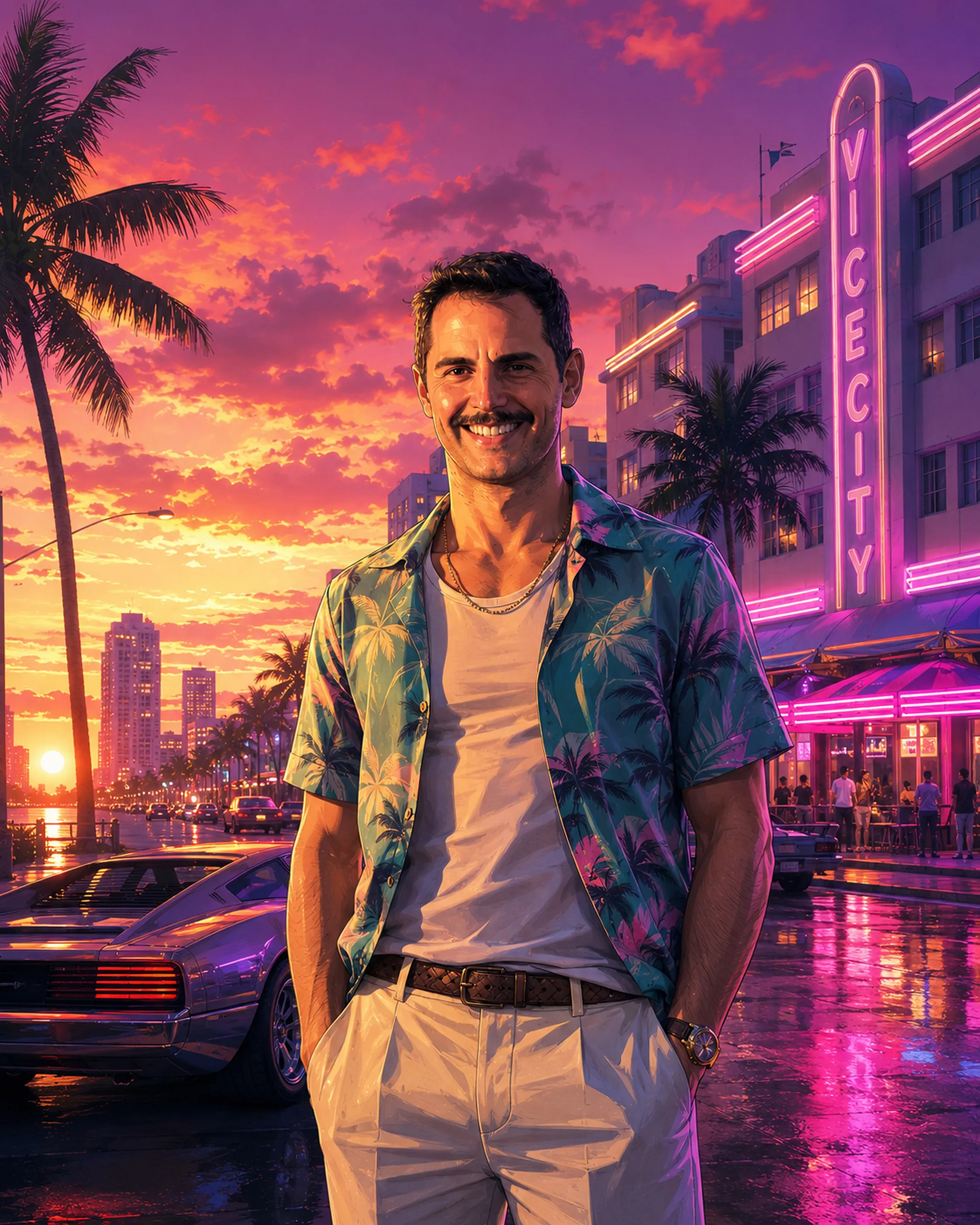 Nelson Estevão standing on a neon-lit boulevard at sunset